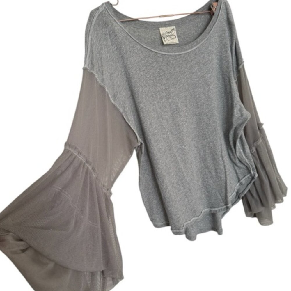 Free People Still Got It Gray Mesh Bell SleeveOversized Boho Top Grey XS